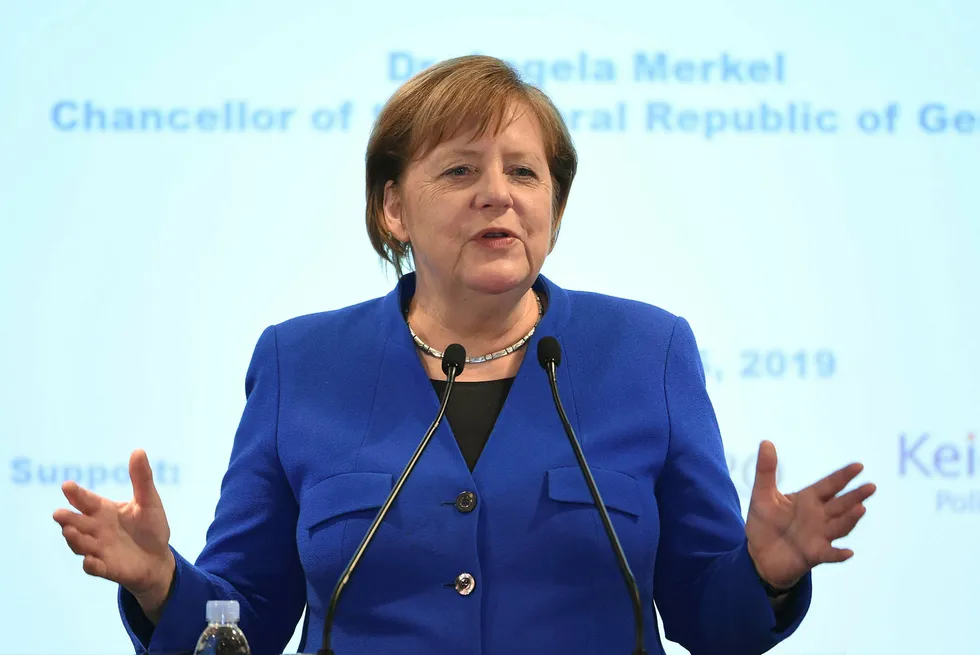 Tysklands kansler Angela Merkel talte på et universitet i Tokyo tirsdag.