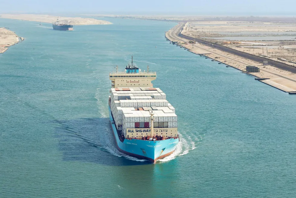 The Laura Maersk (built 2023), which is capable of running on methanol, in the Suez Canal in 2023