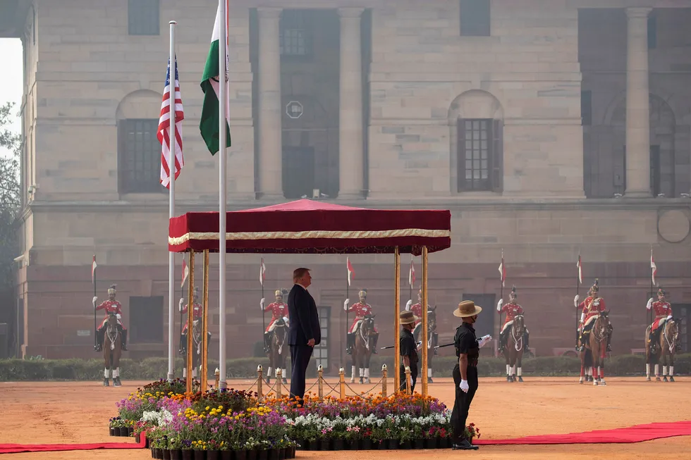 USAs president Donald Trump fikk en seremoniell mottagelse i Rashtrapati Bhavan, det indiske presidentpalasset, i New Delhi tirsdag.