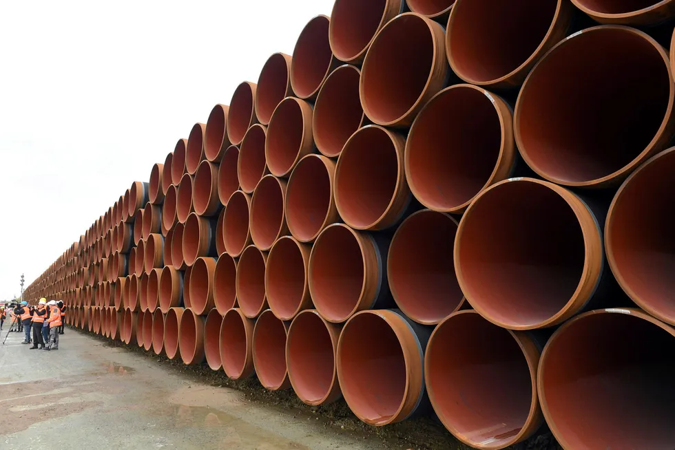 On hold: Specialised pipes for the North Stream 2 pipeline project are stacked in Mukran harbour in Sassnitz, Germany