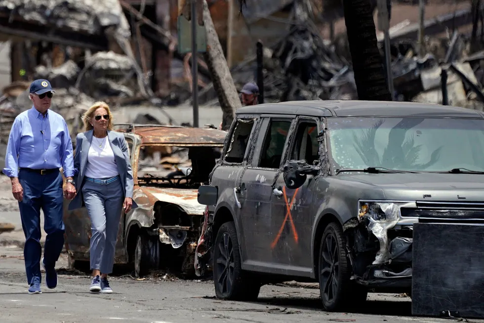 US President Joe Biden and first lady Jill Biden tour areas devastated by the Maui wildfires, Monday, 21 August, 2023, in Lahaina, Hawaii.