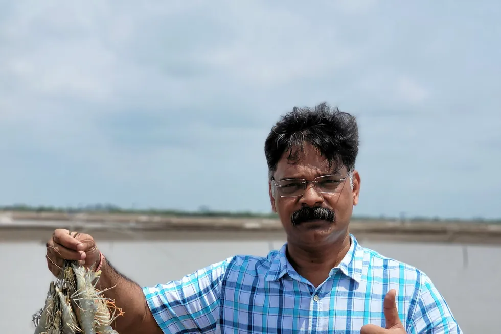 Manoj Sharma on his Gujarat shrimp farm.