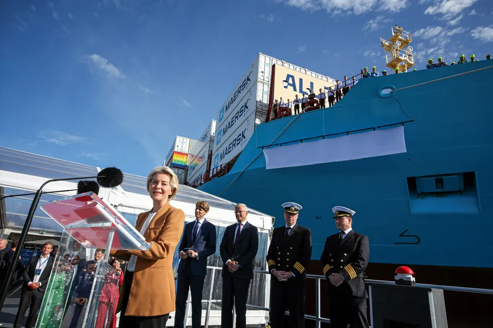 European Commission president Ursula von der Leyen speaking at the inauguration of the Laura Maersk, the first containership capable of running on green methanol.