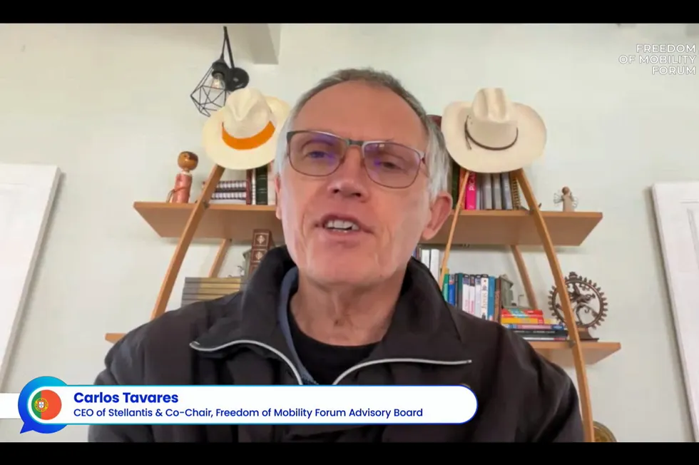A screenshot showing Carlos Tavares speaking at the online Freedom of Mobility Forum yesterday.