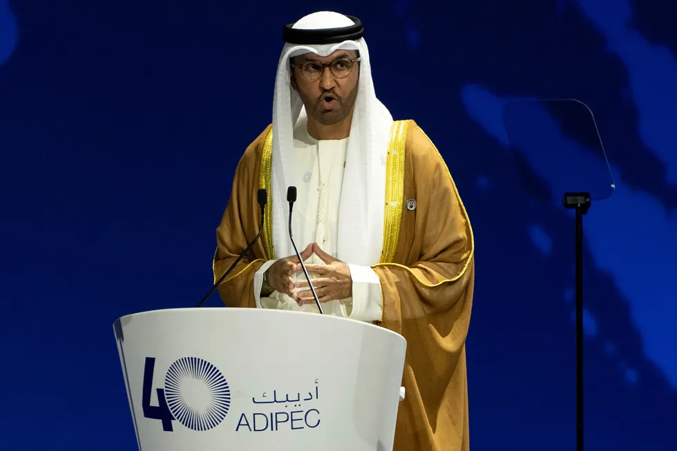 Sultan Ahmed Al Jaber, chief executive of the Abu Dhabi National Oil Company (Adnoc), speaks during the inaugural session of the annual ADIPEC conference in Abu Dhabi, United Arab Emirates.