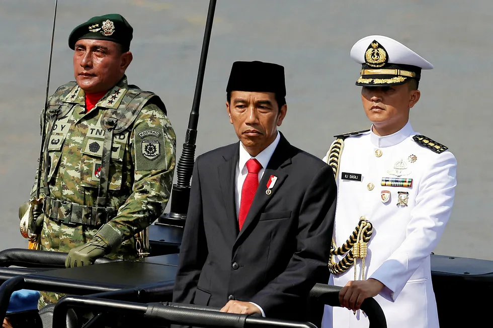 Head of state: Indonesia's President Joko Widodo (centre) inspects the nation's forces during celebrations for the 72nd anniversary of the Indonesia military earlier this month