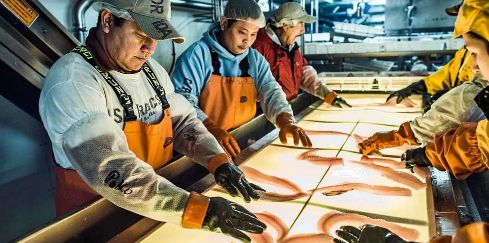 Alaska pollock processing workers aboard the Aleutian Spray Fisheries vessel Starbound.