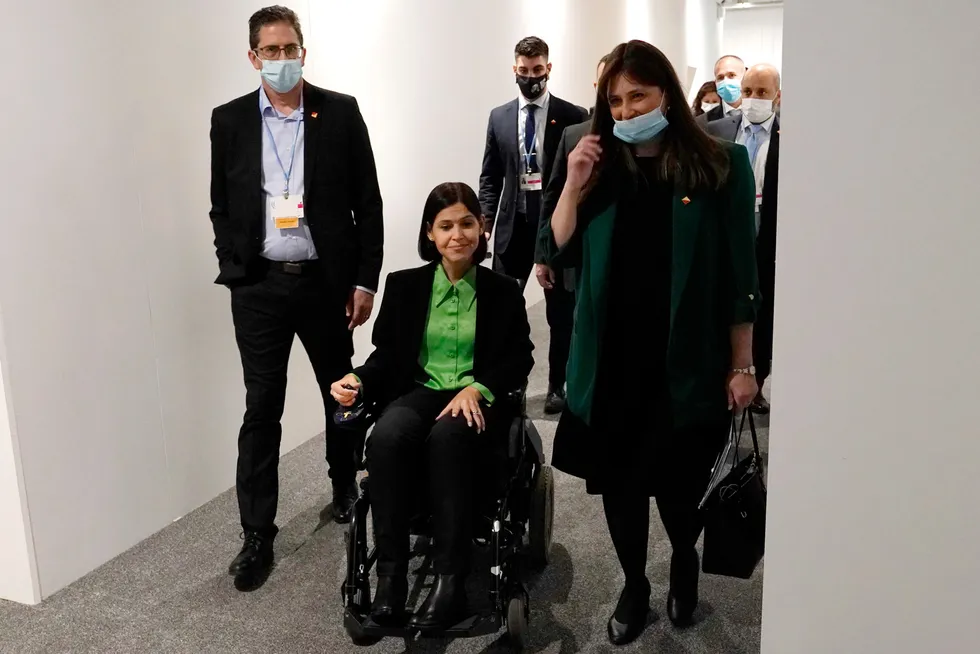 Adamant: Israel's Energy Minister Karine Elharrar, centre, arrives for a meeting between British Prime Minister Boris Johnson and Israel's Prime Minister Naftali Bennett on the sidelines of the COP26 earlier this month