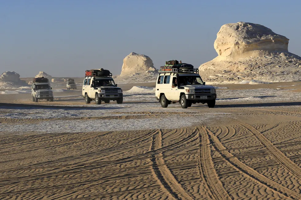 Eni discoveries: Four-wheel drive cars in Egypt's Western Desert, southwest of Cairo
