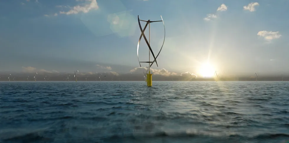 CGI of vertical axis wind floating turbines in operation offshore