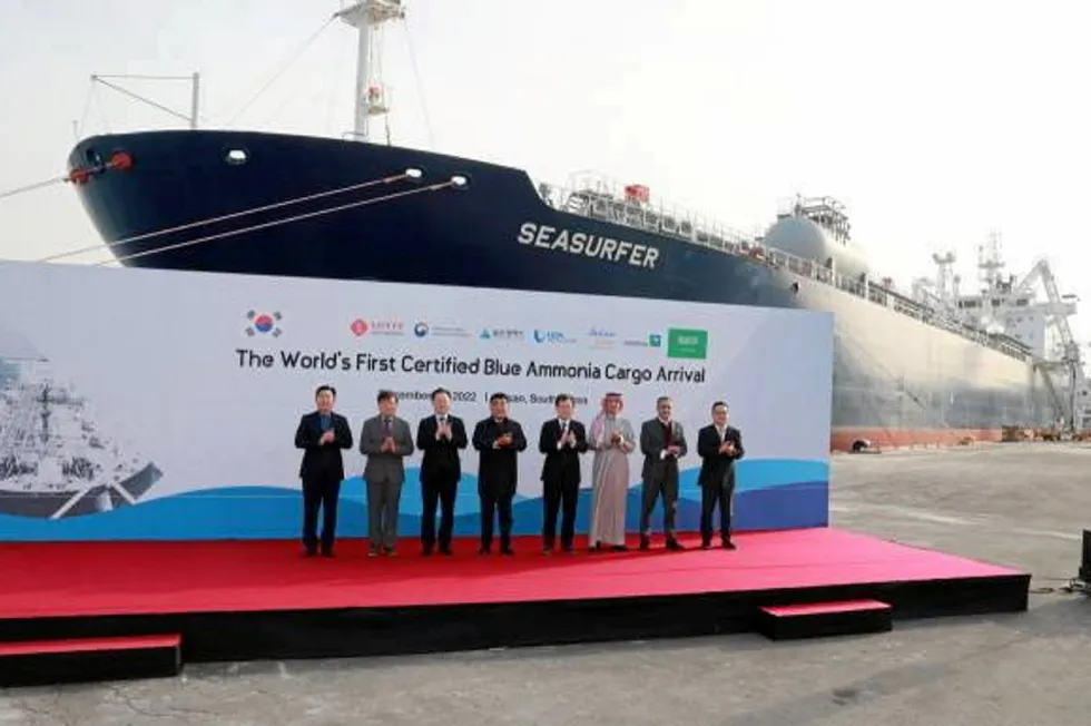 The arrival ceremony for the shipment at the port of Ulsan on 13 December, two days after the Seasurfer arrived.