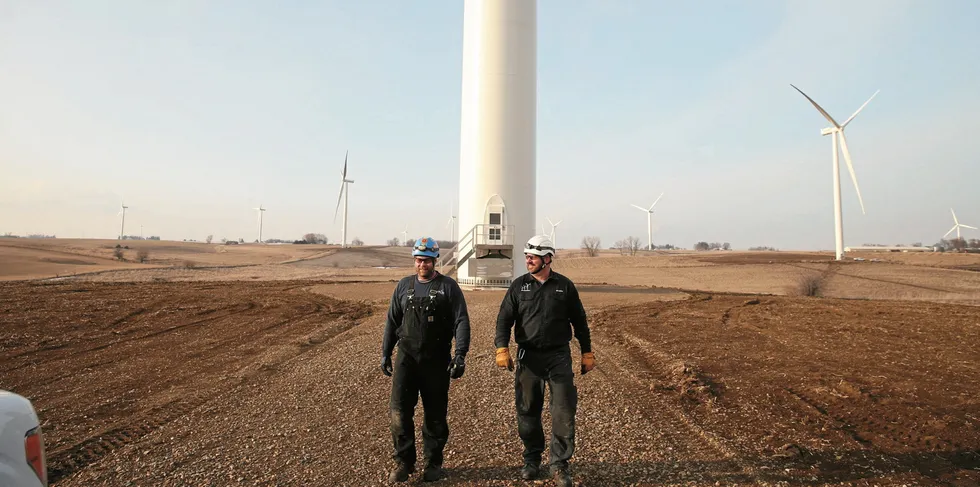 Siemens Gamesa wind turbine technicians at a wind farm in Texas, US
