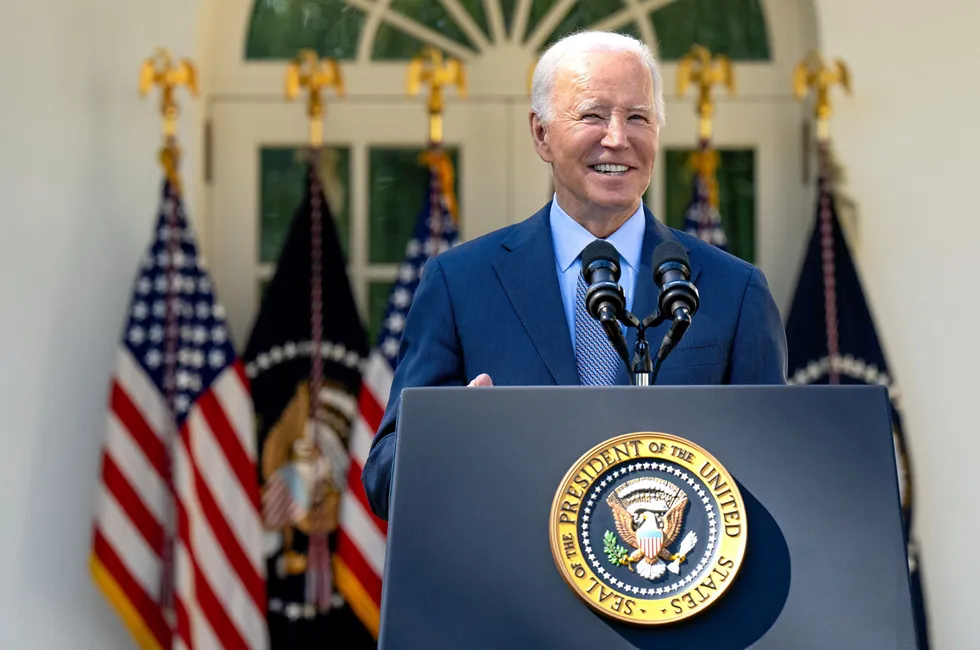 US President Joe Biden making a speech in the White House rose garden.