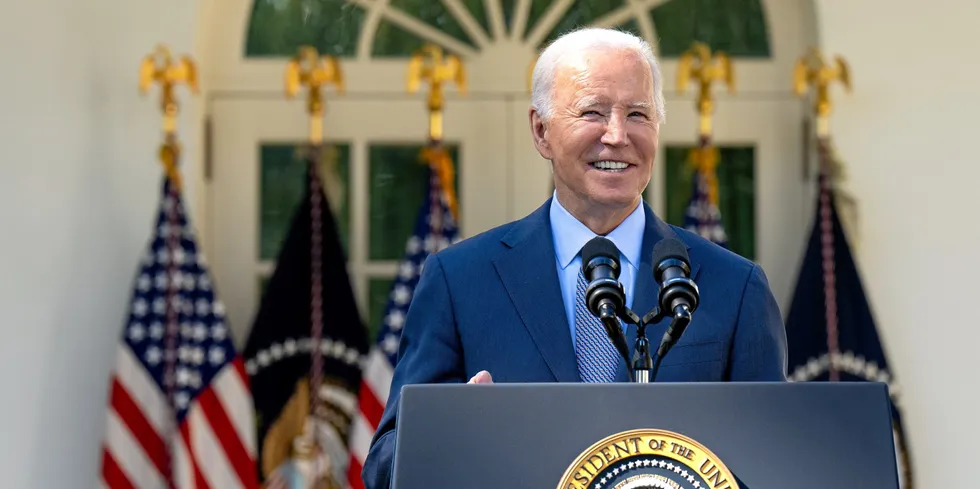 US President Joe Biden making a speech in the White House rose garden.