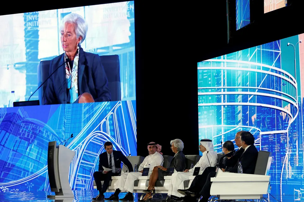 IMF-sjef Christine Lagarde advarte om konsekvensene av klimaendringene på en konferanse i investeringer for fremtiden i Riyadh i Saudi Arabia tirsdag. Foto: Hamad I Mohammed/Reuters/NTB scanpix