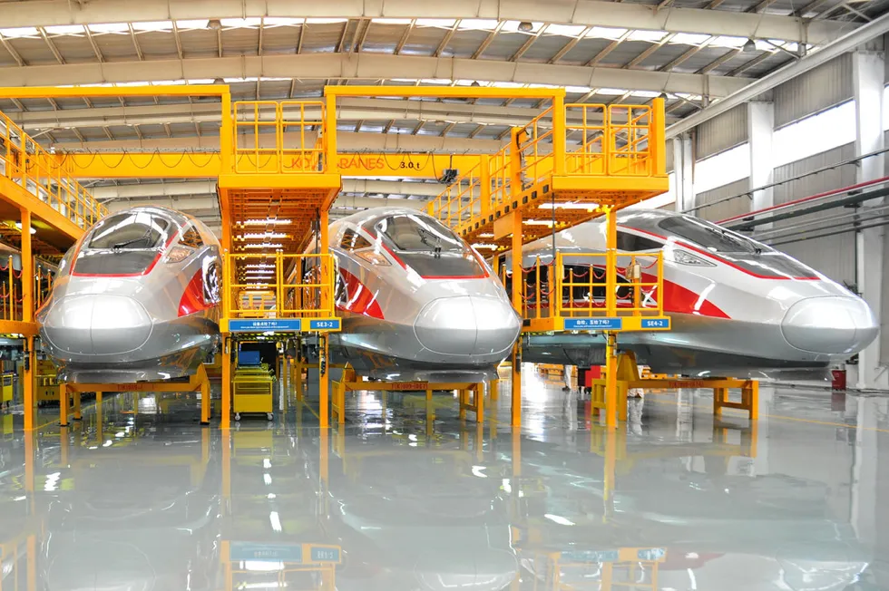 The manufacturing line of China's 'Fuxing' high-speed bullet trains is seen at CRRC Qingdao Sifang Co in Qingdao, Shandong Province of China.