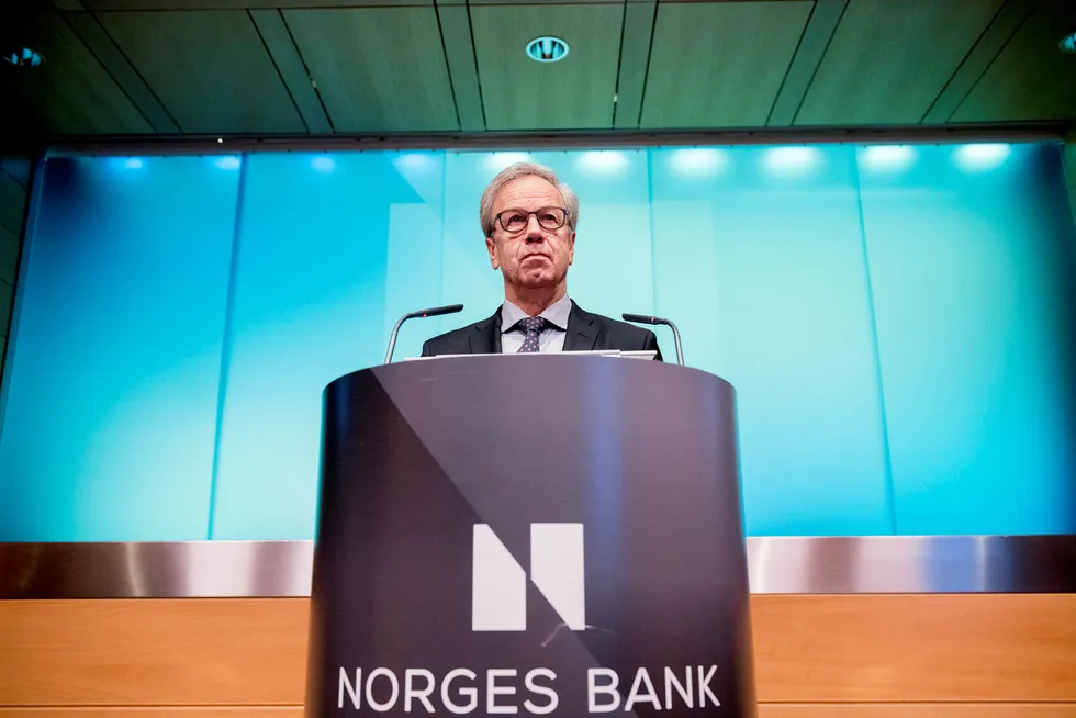 Sentralbanksjef Øystein Olsen presenterer begrunnelsen for denne ukens rentebeslutning på en pressekonferanse i Norges Bank i Oslo klokken 10.30 torsdag. Foto: Fartein Rudjord