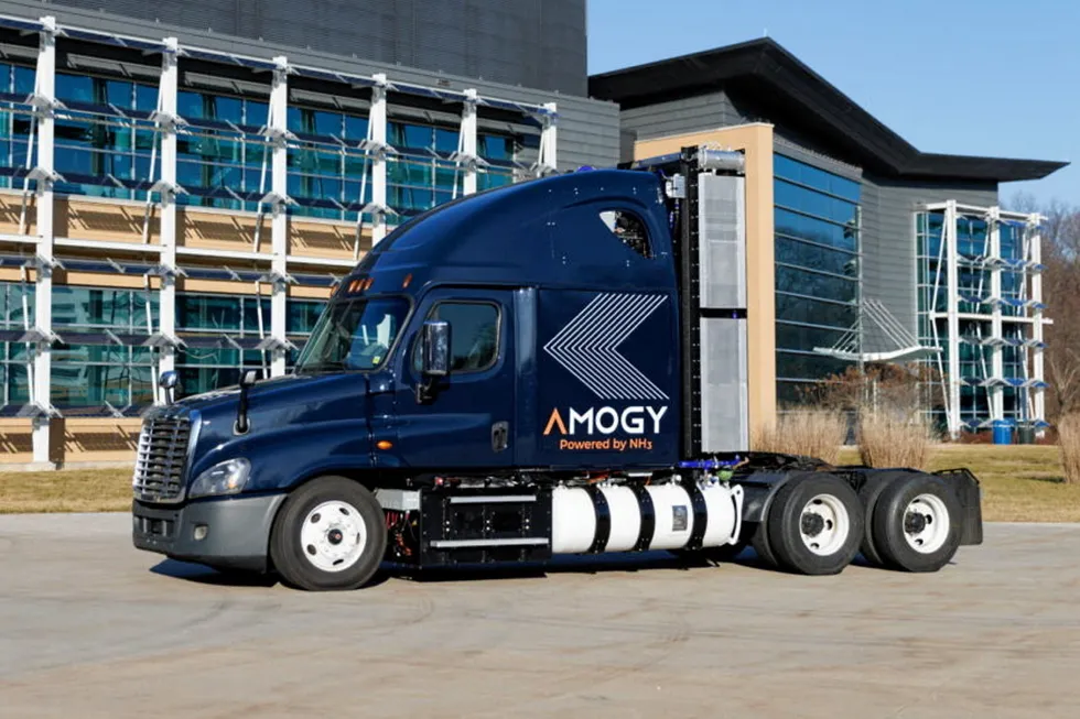 Freightliner Cascadia retrofitted with Amogy's on-board ammonia cracker and hydrogen fuel cell.