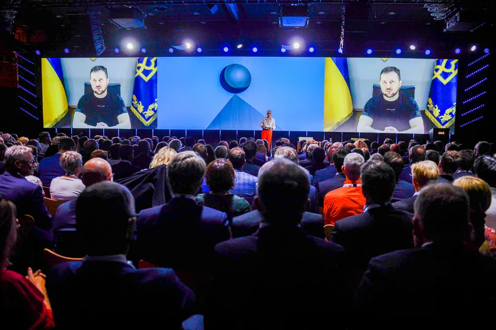 Kyiv calling: Ukraine President Volodymyr Zelensky uses a video link to address the ONS audience in Stavanger, Norway.