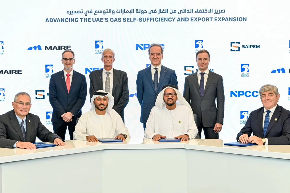 Mega-awards: Key Adnoc officials and stakeholders signing Hail & Ghasha EPC contracts.