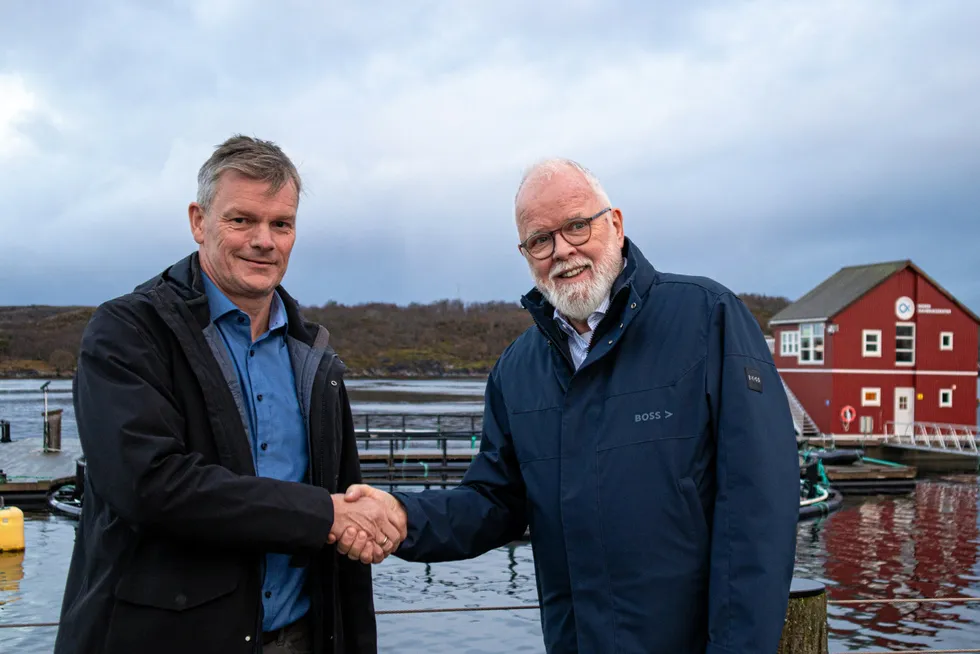 Sjef for oppdrettssatsingen i Torghatten Aqua, Knut Bråthen og Bjørn Erik Sørvik signerte denne uka avtalen hvor Torghatten Aqua kjøper Nordland settefisk fra Sørvig Utvikling.