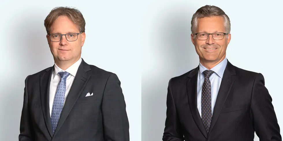 Mons Alfred Paulsen og Trond Hatland er begge advokater og partnere i Advokatfirmaet Thommessen og er henholdsvis leder og prosedyreansvarlig i Thommessens sjømatteam.»