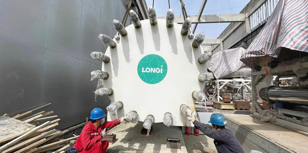 . A Longi electrolyser stack being installed at the Qinghai Asia Silicon project in China.