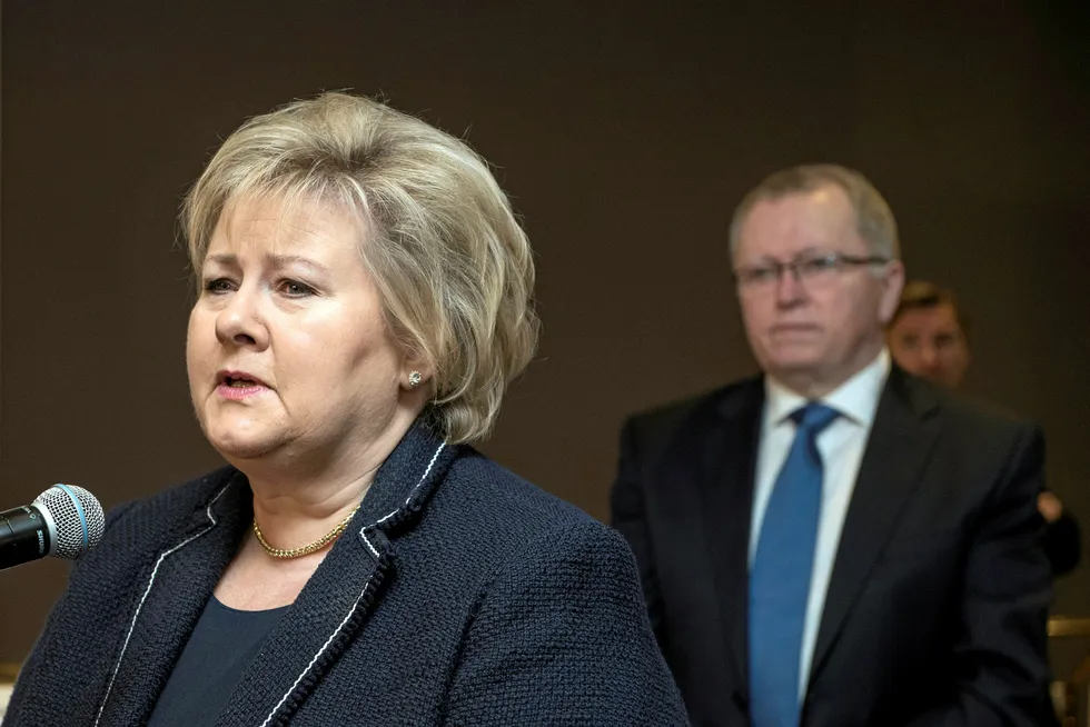 Gimme tax shelter: Equinor chief executive Eldar Saetre (right) and the rest of the Norwegian petroleum industry are seeking fiscal relief from Prime Minister Erna Solberg