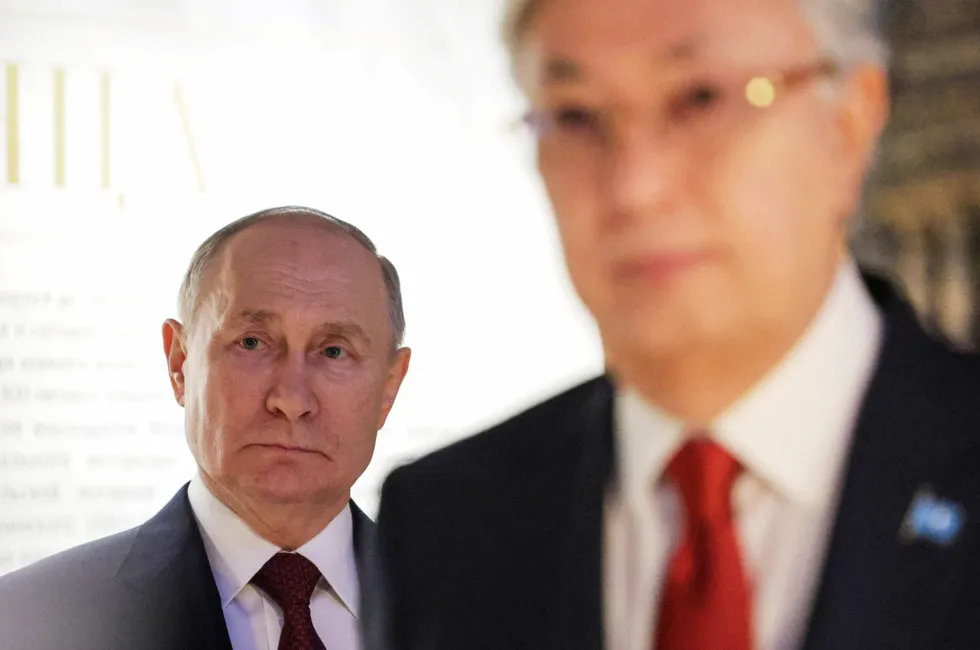 Energy plays: Russia's President Vladimir Putin (left) and Kazakhstan's President Kassym-Jomart Tokayev.