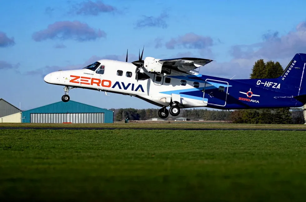 ZeroAvia's test plane taking off on its first flight at an airport in the UK.