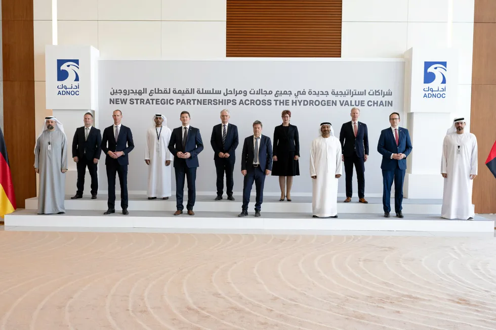 Partnering: Adnoc's Khaled Salmeen,Germany's Federal Minister for Economic Affairs and Climate Protection Robert Habeck and Uniper COO Niek den Hollander participate in talks