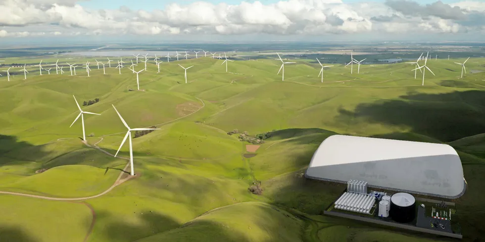 A rendering of a wind farm backed up by Energy Dome's CO2 battery system