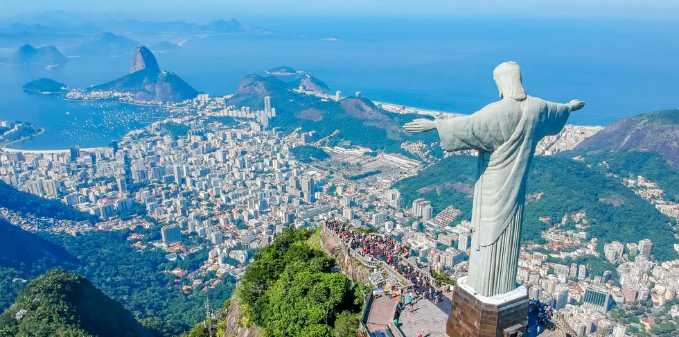 RIO DE JANEIRO , Brazil, May 20, 2019: Aerial view of Christ Redeemer and Corcovado Mountain . Rio Brazil.