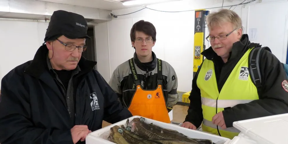 Skreikontrollør Kjell Arne Pedersen (t.h.) ved en tidligere skreikontroll. Foto: Jon Eirik Olsen.