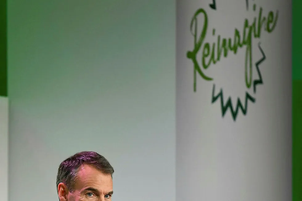 Holding course: BP chief executive Bernard Looney, shown here presenting the company's zero emission plans in February, has told analysts the company will navigate its way through the current crisis