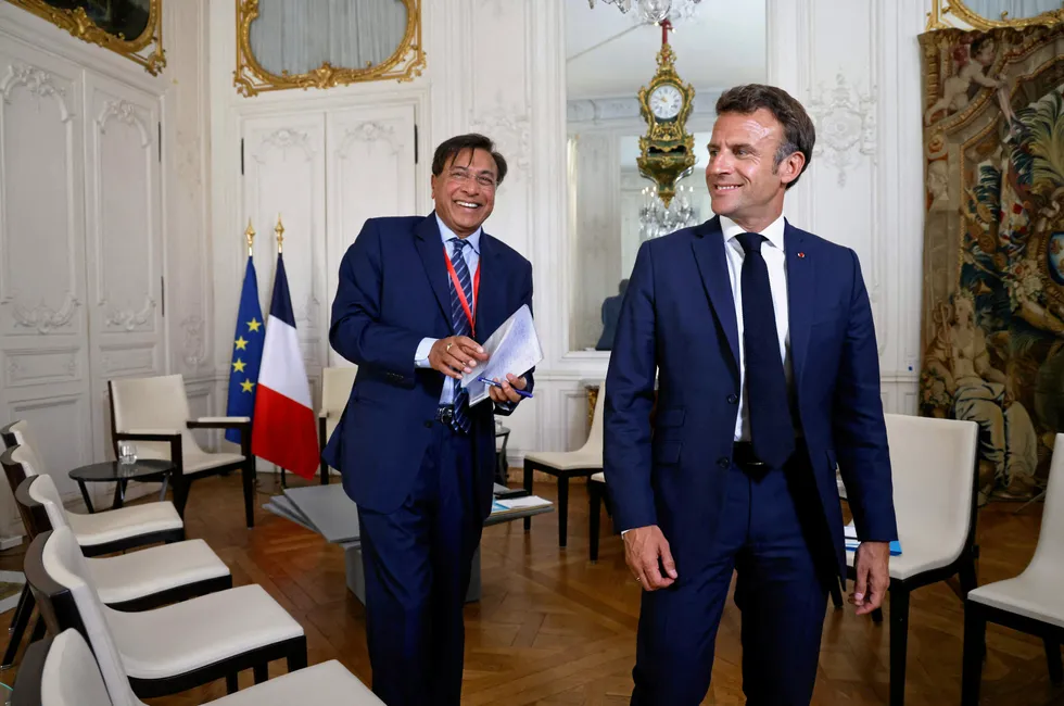 ArcelorMittal executive chairman anc co-owner Lakshmi Mittal meeting with French President Emmanuel Macron in Versailles last summer.