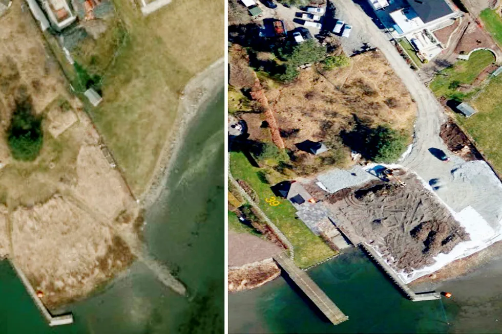 Flyfoto av Egil Stenshagens eiendom på Bygdøy før arbeidene i strandsonen (til venstre), og under arbeidene i strandsonen i 2016 (til høyre). Foto: Oslo kommune