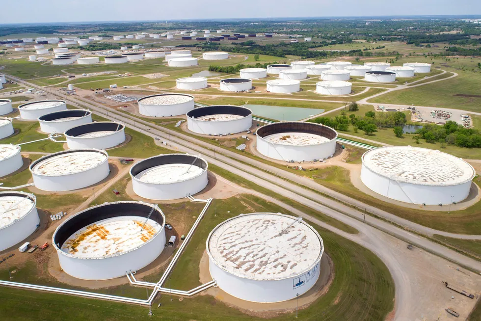 Supplies up: crude storage tanks at the oil hub in Cushing, Oklahoma