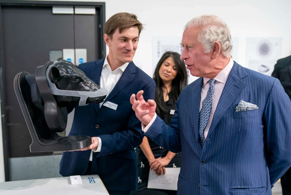 Behind the mask: the UK’s Prince Charles is shown Zero Emissions Livestock Project’s design