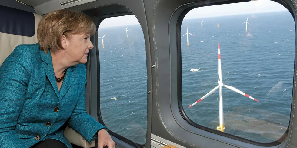 A famous picture from 2011 of German Chancellor Angela Merkel above offshore wind in the Baltic Sea.