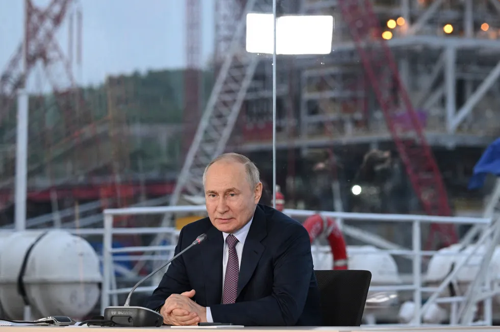 No surprise: Russian President Vladimir Putin seen speaking at the Novatek-owned specialised LNG shipyard in Belokamenka