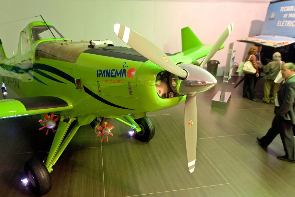 Back to the future: Embraer's ethanol powered aircraft is displayed at a biofuels conference in 2008