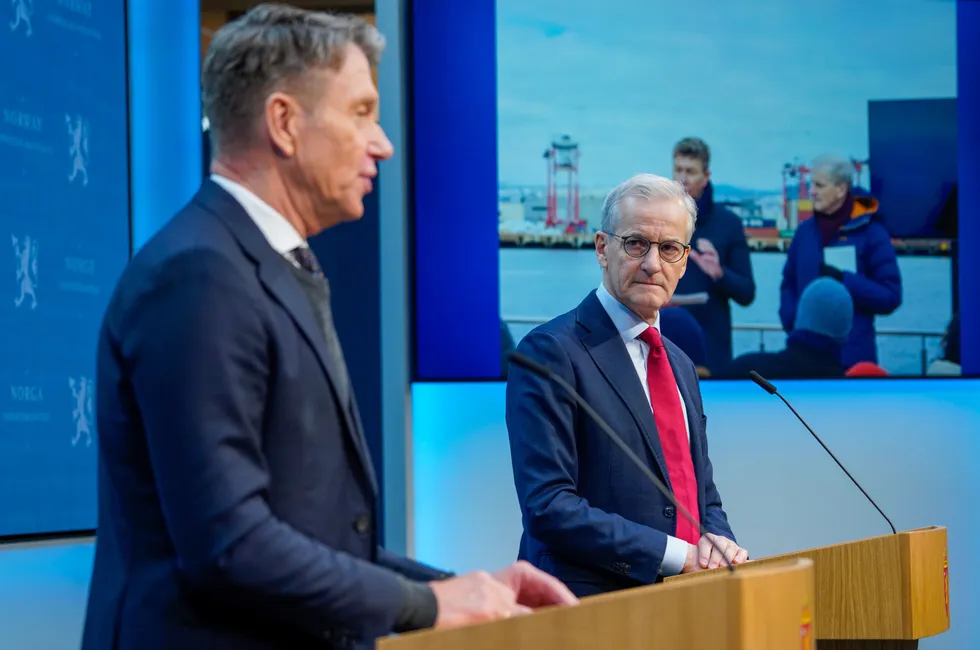 Norwegian Energy Minister Terje Aasland (left) and Prime Minister Jonas Gahr Store announce the results of the offshore wind round on Wednesday.