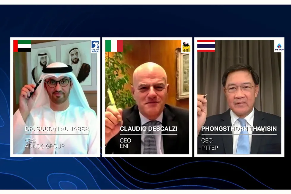 Virtual meeting: the chief executives of Adnoc, Eni and PTTEP at the signing of the concession agreement