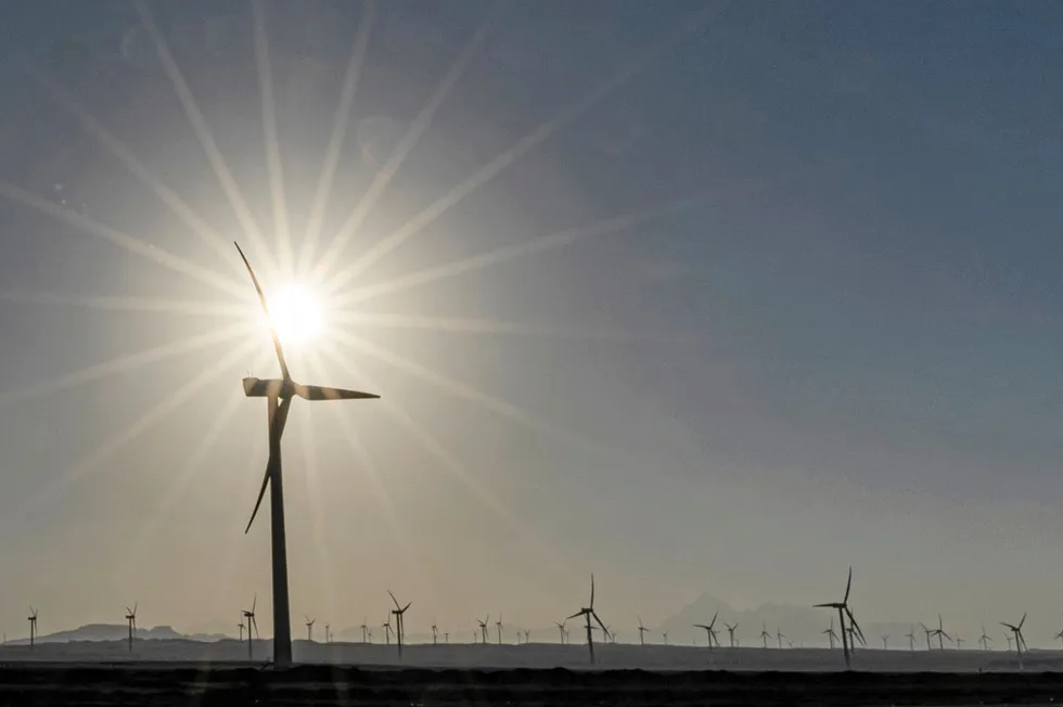 The sun shines through a wind turbine at the Zaafarana wind farm on Egypt's Red Sea coast.