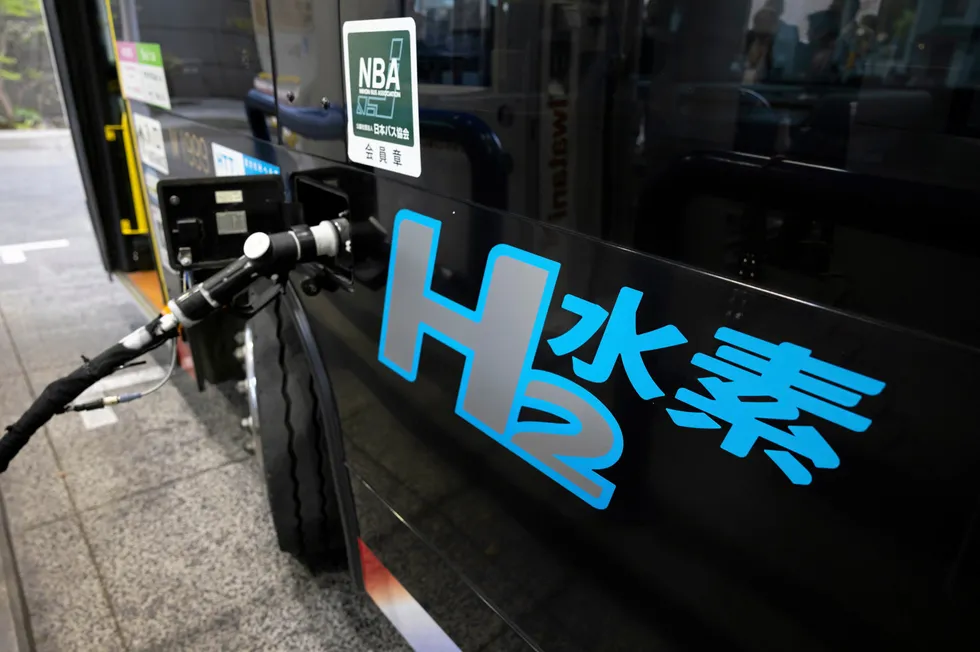 A fuel-cell bus being filled with hydrogen at a filling station in Tokyo earlier this year.