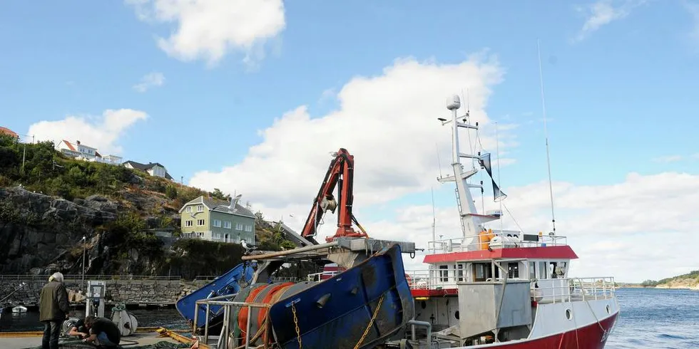 Til tross for en liten svikt i kvantumet, er totalverdien økt som følge av bedre rekepriser. Reketråleren «Ero» av Risør ligger på rekefiske mot Jomfruland.Arkivfoto: Kjersti Kvile