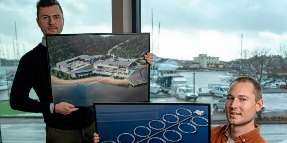 American Aquafarms Marketing Director Teodor Strand-Johansen (left) and Production Director Frederik Friis have been explaining the company's plans to the public.