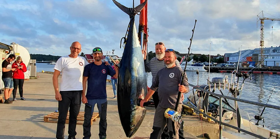 Kvartett fra Team Blega på brygga ved fiskernes salgslag i Grimstad med troféfisken de tok til land i fjor. Fra venstre Cato Berge, Jarle Olsen, David Solberg og Aslak Brækken.