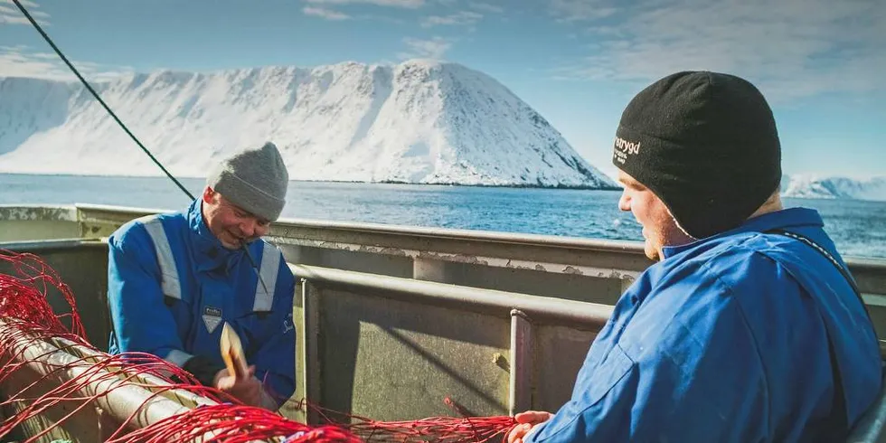 BØTER: Styreleder i Fiskarlaget Nord Roger Hansen (t.v) og Sindre Hansen i arbeid på sjøen.Foto: Fiskarlaget Nord